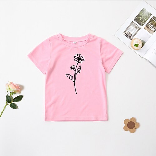 

Toddler Girls' T shirt Floral Daily Short Sleeve Cute 3-6 Years Spring Pink Red