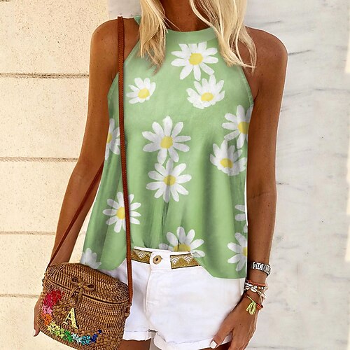 

Women's Floral Theme Tank Top Vest Floral Daisy Print Round Neck Casual Streetwear Tops Green Blue Pink / 3D Print