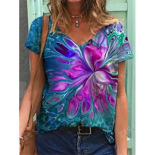 

Women's Floral Theme T shirt Floral Graphic Flower Print V Neck Basic Tops Blue Purple Red / 3D Print