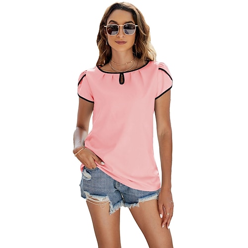 

amazon 2022 summer new european and american cross-border foreign trade solid color cross short-sleeved contrast color loose t-shirt top women