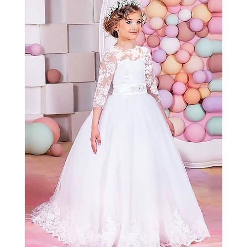 

Wedding Party Princess Flower Girl Dresses Jewel Neck Floor Length Lace Tulle Winter Fall with Sash / Ribbon Bow(s) Cute Girls' Party Dress Fit 3-16 Years