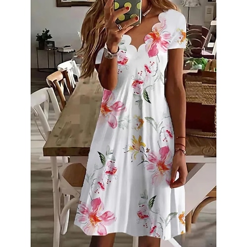 

Women's Casual Dress Shift Dress Floral Dress Mini Dress White Short Sleeve Floral Ruched Summer Spring Scalloped Neck Fashion Vacation 2023 S M L XL XXL 3XL