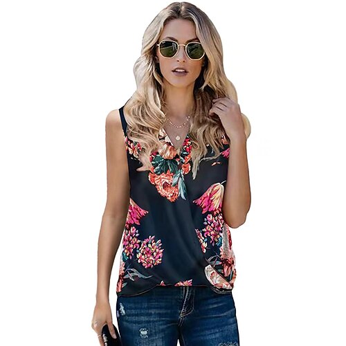 

Women's Vest Camis Flower Patchwork Print V Neck Elegant Casual Tops Black Purple Light Green