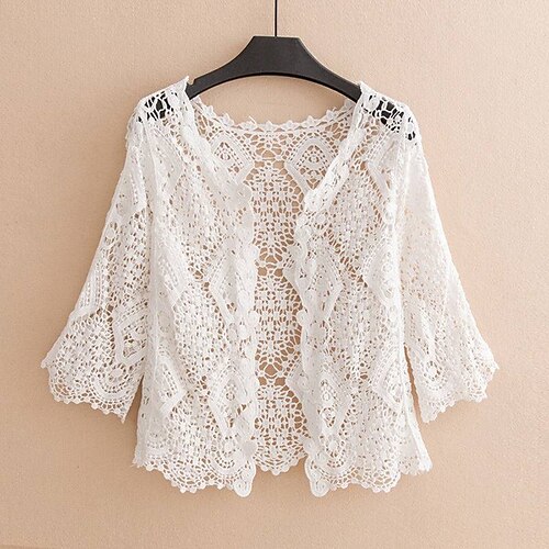 

Women's Shrug Cardigan Sweater Jumper Crochet Knit Knitted Lace Trims Pure Color Open Front Stylish Casual Daily Date Spring Summer Beige White L XL 2XL / Regular Fit