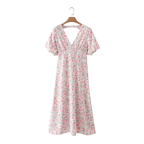 

Women's Sundress Maxi long Dress White Short Sleeve Floral Print Backless Hollow To Waist Print Spring Summer V Neck Casual Vacation 2022 S M L
