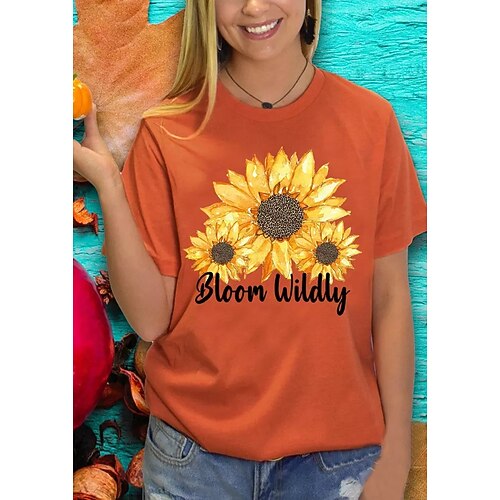 

Women's Floral Theme Painting T shirt Text Sunflower Print Round Neck Basic Tops Orange