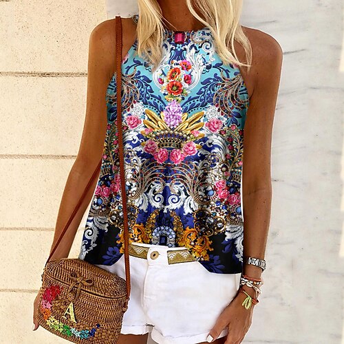 

Women's Floral Theme Tank Top Vest Floral Print Round Neck Casual Streetwear Tops Blue / 3D Print