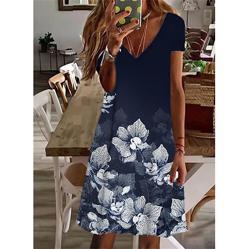 

Mujer Vestido informal Vestido de cambio Azul Piscina Manga Corta Floral Estampado Primavera Verano Escote en Pico Holgado 2022 S M L XL XXL 3XL