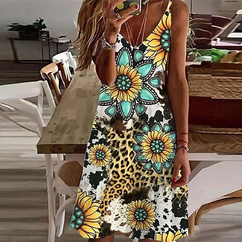 

Women's A Line Dress Knee Length Dress Blue White Yellow Sleeveless Floral Leopard Print Spring Summer V Neck Personalized Casual 2022 S M L XL XXL 3XL