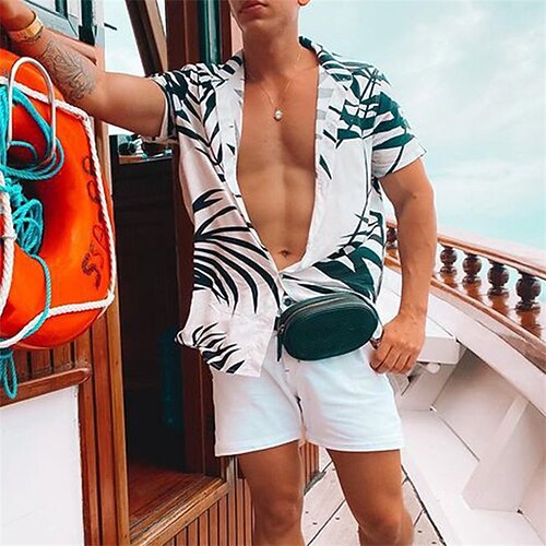 

Men's Shirt Hot Stamping Graphic Leaves Turndown Street Casual Button-Down Print Short Sleeve Tops Fashion Classic Comfortable Big and Tall White