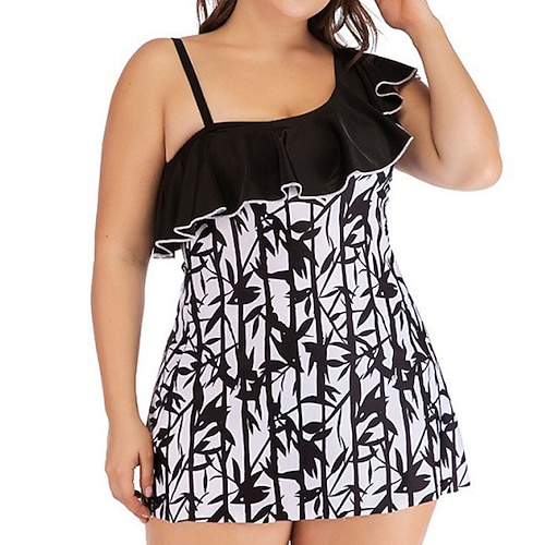 

Women's Swimwear Tankini 2 Piece Plus Size Swimsuit Ruffle Open Back Black Camisole Strap Bathing Suits New Vacation Fashion / Modern / Padded Bras