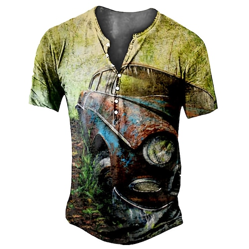 

Men's Henley Shirt Tee T shirt Tee 3D Print Graphic Car Plus Size Henley Daily Sports Button-Down Print Short Sleeve Tops Basic Casual Vintage Designer Green / Summer