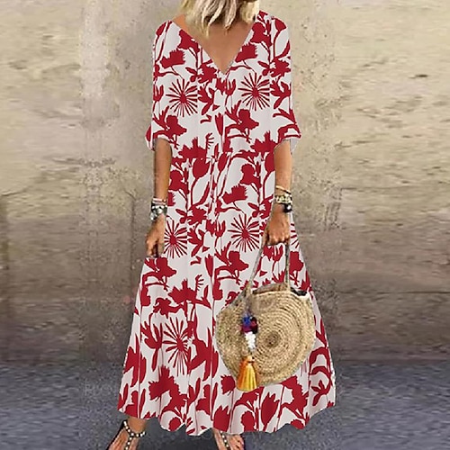 

Women's Swing Dress Black Red Brown 3/4 Length Sleeve Floral Print Winter Fall Autumn V Neck Weekend Loose Fit 2022 S M L XL