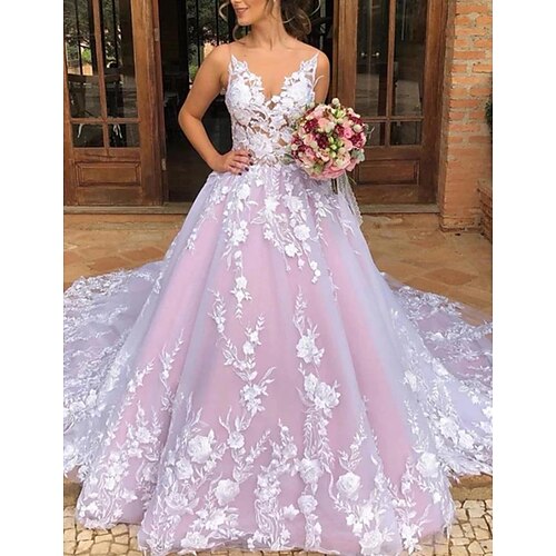 

Ball Gown Pink Wedding Dresses V Neck Spaghetti Strap Watteau Train Lace Tulle Sleeveless Formal Sexy Wedding Dress in Color Backless with Appliques 2022