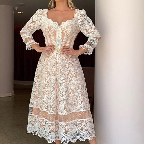 

Women's A Line Dress Midi Dress White Long Sleeve Pure Color Patchwork Spring Summer Square Neck Casual 2022 S M L XL