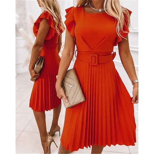 

Women's Casual Dress Midi Dress Fuchsia Orange Green Short Sleeve Pure Color Ruffle Spring Summer Crew Neck Work 2023 S M L XL XXL 3XL