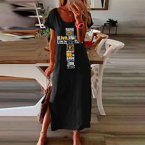 

Women's Shift Dress Midi Dress Black Short Sleeve Letter Split Print Spring Summer Crew Neck Casual 2022 S M L XL XXL