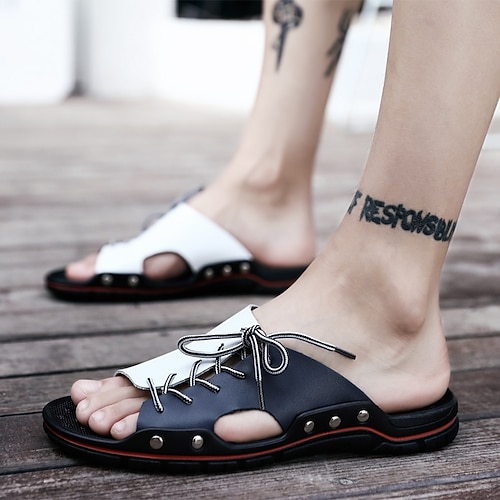 

Men's Slippers Flip-Flops Crochet Outdoor Slippers Beach Slippers Sporty Casual Beach Daily Outdoor PU Black / White White / Blue Spring Summer