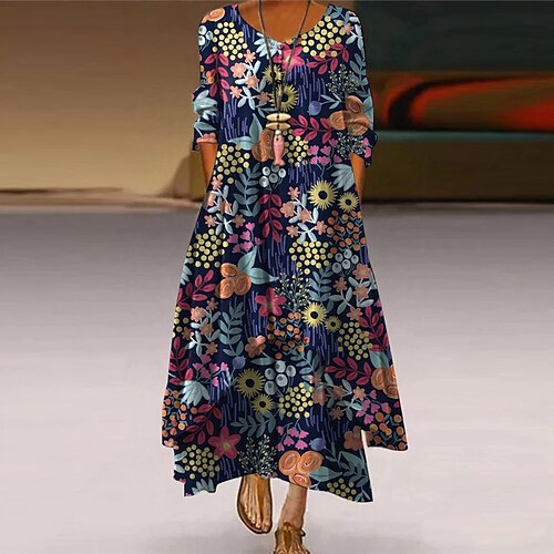 

Women's A Line Dress Maxi long Dress Blue Gray Purple Rainbow Long Sleeve Floral Striped Animal Pocket Button Print Spring Summer Round Neck Elegant Casual Vacation 2022 S M L XL XXL 3XL 4XL 5XL