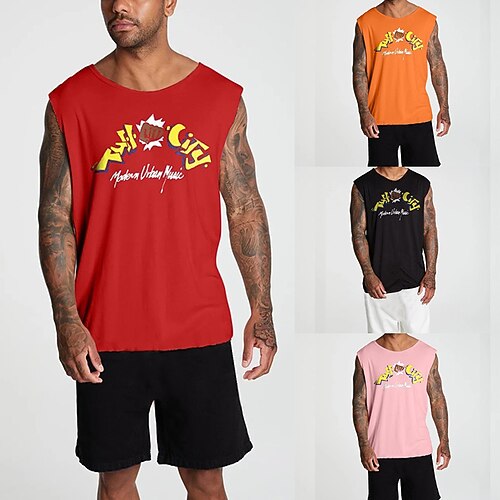 

Men's Tank Top Vest Hot Stamping Graphic Letter Crew Neck Casual Daily Print Sleeveless Tops Lightweight Fashion Big and Tall Sports Black Pink Orange