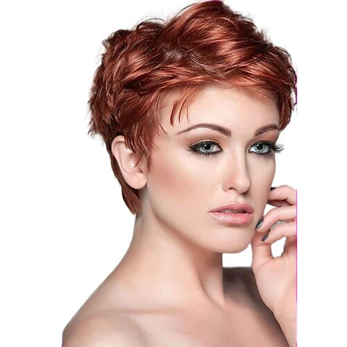 

Human Hair Wig Natural Straight Pixie Cut For Women Full Machine Made Wig Brazilian Capless Wig 130% Density None Lace Cheap Wig Medium Auburn#30