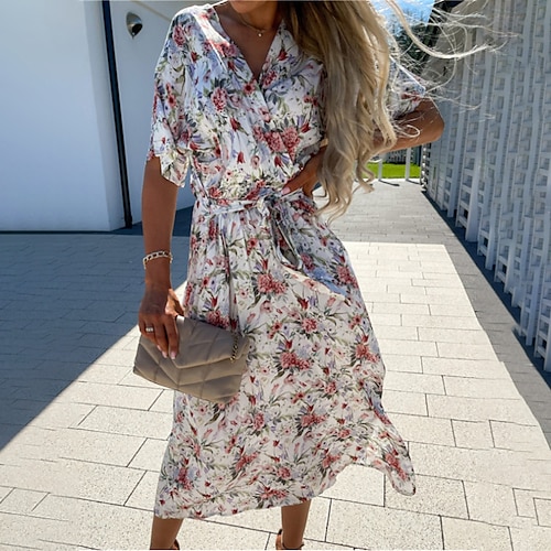 

Mujer Vestido de flores Vestido Midi Negro Blanco Rosa Manga Corta Floral Estampado Primavera Verano Escote en Pico Elegante Fin de semana 2023 S M L XL XXL 3XL