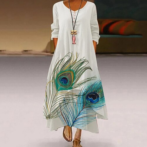 

Women's A Line Dress Maxi long Dress White Long Sleeve Print Pocket Button Print Spring Summer Round Neck Elegant Casual Vacation 2022 S M L XL XXL 3XL 4XL 5XL