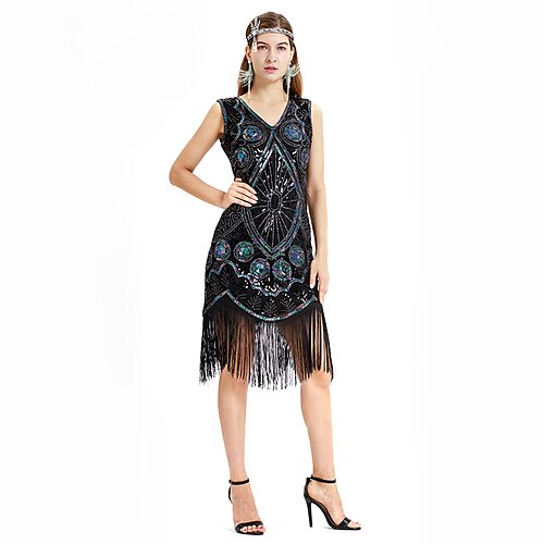 

The Great Gatsby Vintage Roaring 20s The Great Gatsby Jumpsuits Party Costume JSK / Jumper Skirt Women's Sequins Tassel Fringe Costume Vintage Cosplay Halloween Party Evening Sleeveless Short Length