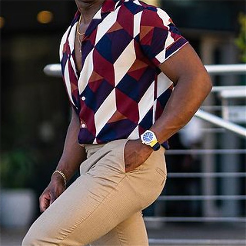 

Men's Shirt Plaid Turndown Street Casual Button-Down Short Sleeve Tops Casual Fashion Breathable Comfortable Red