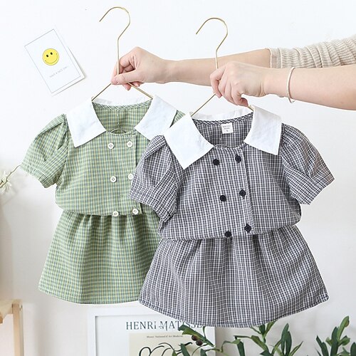 

Kids Girls' Shirt Skirt Clothing Set 2 Pieces Short Sleeve Green Blue Pink Plaid Ruched Print Street Outdoor Cute Sweet Regular Above Knee 1-5 Years
