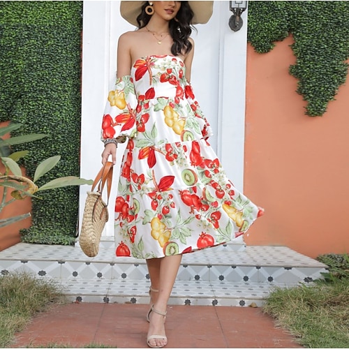 

Women's A Line Dress Knee Length Dress Red Long Sleeve Print Backless Patchwork Cold Shoulder Summer Off Shoulder Stylish Casual Vacation 2022 S M L XL
