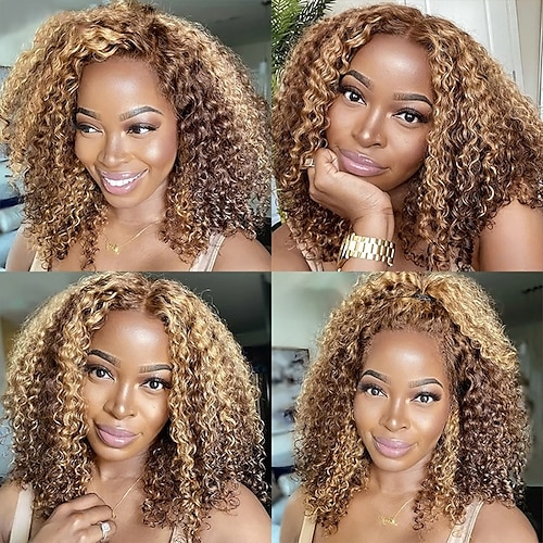 

Highlight Lace Front Wigs Human Hair Water Wave Short Bob Wig 13x4x1 T-Part Wig Brazilian Virgin Human Hair Wigs 13x4/4X4 Lace Closure Wig For Black Women 150% Density Wet and Wavy Pre Plucked with Baby Hair Piano Color P4/27
