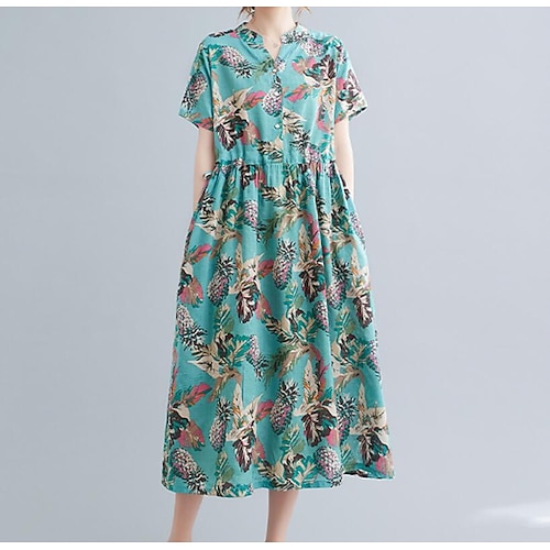 

Women's Swing Dress Midi Dress Green Blue Short Sleeve Floral Print Print Summer V Neck Vintage Linen M L XL XXL