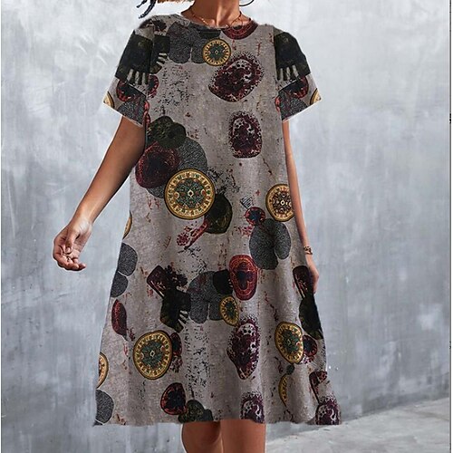 

Women's Shift Dress Knee Length Dress Green Gray Dark Blue Red Brown Navy Blue Short Sleeve Print Print Summer Crew Neck Vintage Linen One-Size