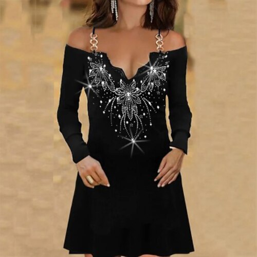 

Women's A Line Dress Short Mini Dress Black gray Long Sleeve Floral Pure Color Backless Cold Shoulder Spring Summer V Neck Casual 2022 S M L XL XXL