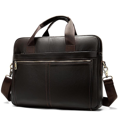 

Men's Laptop Bag Briefcase Top Handle Bag Nappa Leather Cowhide Daily Zipper Black Dark Coffee Coffee