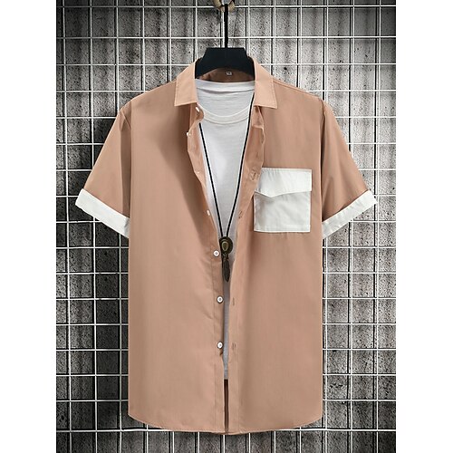 

Men's Shirt Color Block Turndown Party Casual Button-Down Short Sleeve Tops Casual Streetwear Khaki