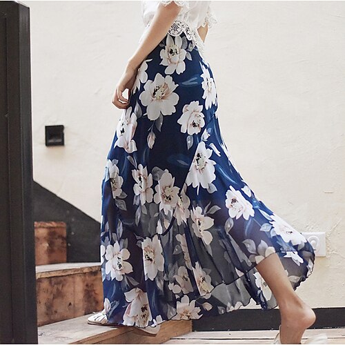 

Women's Fashion Long Skirts Casual / Daily Weekend Floral / Botanical Ruffle Blue Gray Red S M
