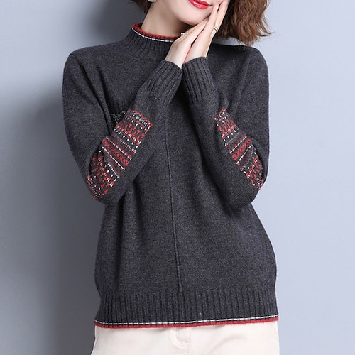 

Women's Sweater Pullover Jumper Knitted Striped Geometric Stylish Casual Soft Long Sleeve Sweater Cardigans Turtleneck Spring Summer Camel Dark Gray Red