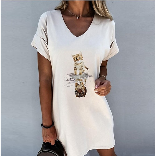 

Women's T Shirt Dress Tee Dress Short Mini Dress White Black Gray Short Sleeve Animal Print Summer V Neck Casual 2022 S M L XL XXL