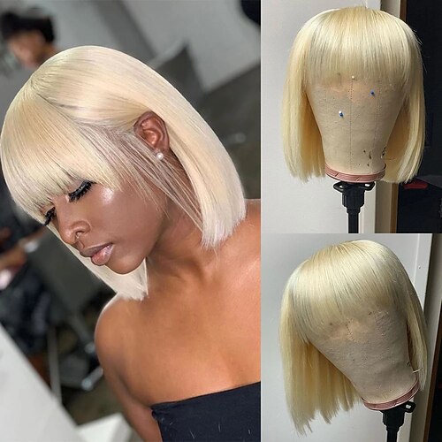 

Short Bob Straight Wigs With Bangs Virgin Brazilian None Lace Front Wigs Human Hair Wigs 150% Density Glueless Full Machine Made Wigs For Black Women 613 Blonde Capless Human Hair Wig 8-14 Inch