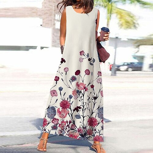 

Women's A Line Dress Maxi long Dress Beige Sleeveless Floral Pocket Print Spring Summer Round Neck Stylish Casual Vacation 2022 S M L XL XXL 3XL