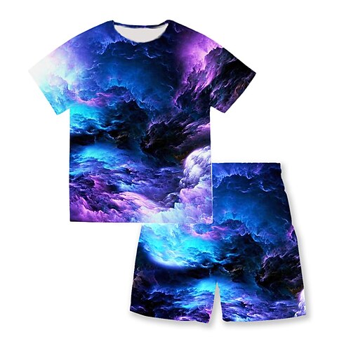 

2 Pieces Kids Boys T-shirt & Shorts Clothing Set Outfit Galaxy Short Sleeve Print Set Outdoor Sports Fashion Cool Spring Summer 3-13 Years Purple