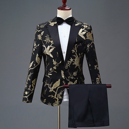 

Green Blue Gold Men's Wedding Party / Evening Homecoming Suits 2 Piece Patterned Tailored Fit Single Breasted One-button 2022