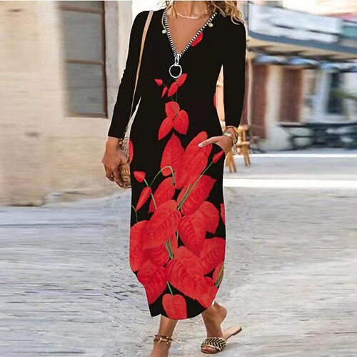 

Women's Shift Dress Maxi long Dress White Black Gray Red Long Sleeve Floral Print Zipper Print Spring Summer V Neck Elegant Casual 2022 S M L XL XXL 3XL 4XL
