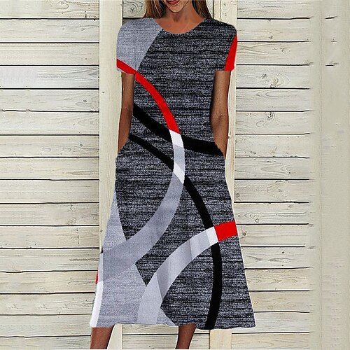 

Women's A Line Dress Midi Dress Gray Khaki Short Sleeve Geometric Pocket Print Spring Summer Round Neck Stylish Casual Modern 2022 S M L XL XXL 3XL