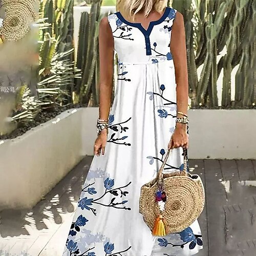 

Women's A Line Dress Maxi long Dress White Sleeveless Floral Print Spring Summer V Neck Casual 2022 S M L XL XXL