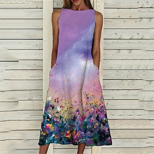

Women's A Line Dress Midi Dress Purple Sleeveless Floral Pocket Print Spring Summer Round Neck Elegant Casual Vacation Loose 2022 S M L XL XXL 3XL 4XL 5XL
