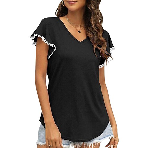 

Women's T shirt Plain Ruffle V Neck Basic Tops Green Blue White