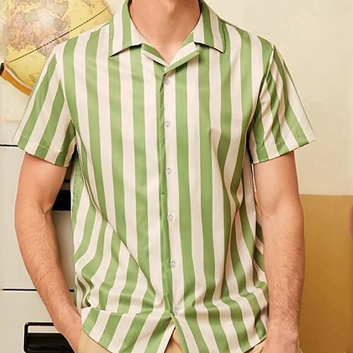 

Men's Shirt Striped Turndown Street Casual Button-Down Short Sleeve Tops Casual Fashion Breathable Comfortable Green / White